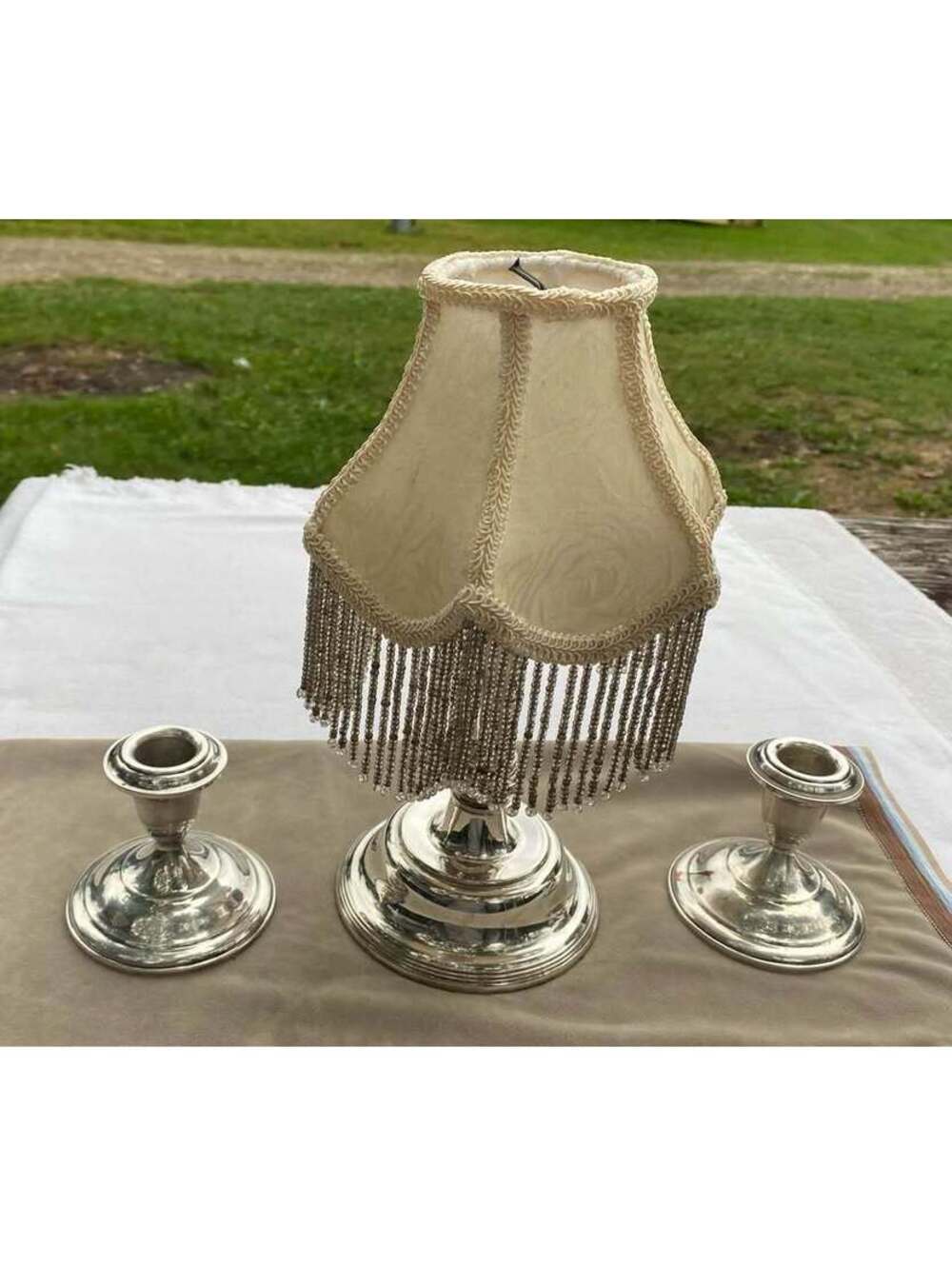 Vintage Silver Plated Lamp and Candlestick Set with Beaded Shade